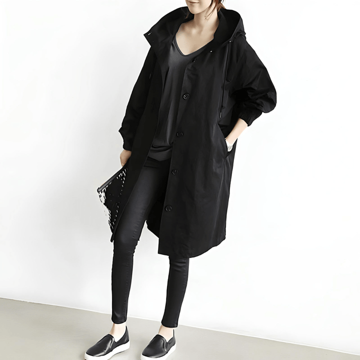 Klassischer Damen Trenchcoat in Midilänge mit Gürtel. Eleganter Langmantel für Business & Freizeit.