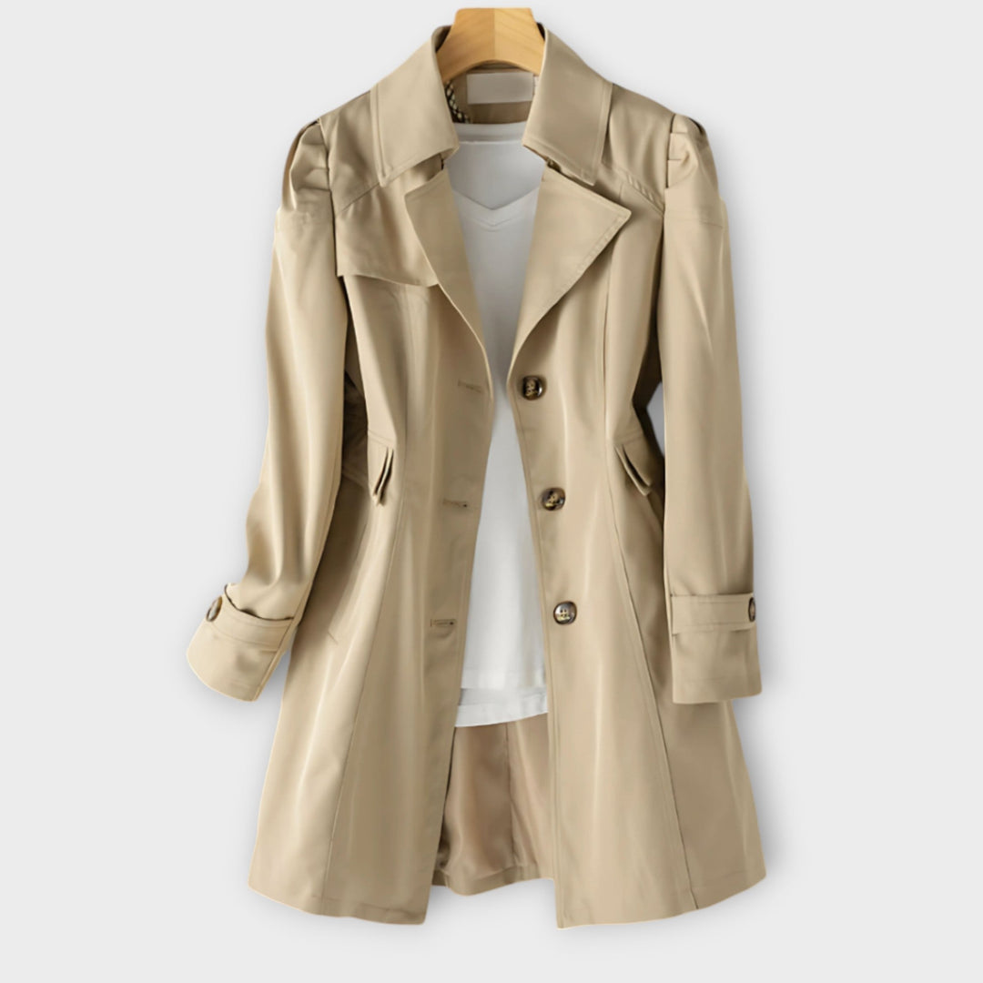 Damen Moderner Trenchcoat in Beige, stilvoll für Frühling/Herbst. Eleganter Mantel für Freizeit & Büro.
