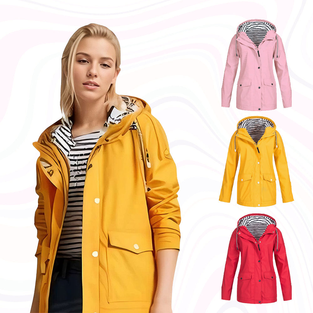 Rückenansicht: Ergonomische Damen Outdoorjacke, wasserdicht und winddicht, mit Kapuze für Outdoor-Abenteuer.