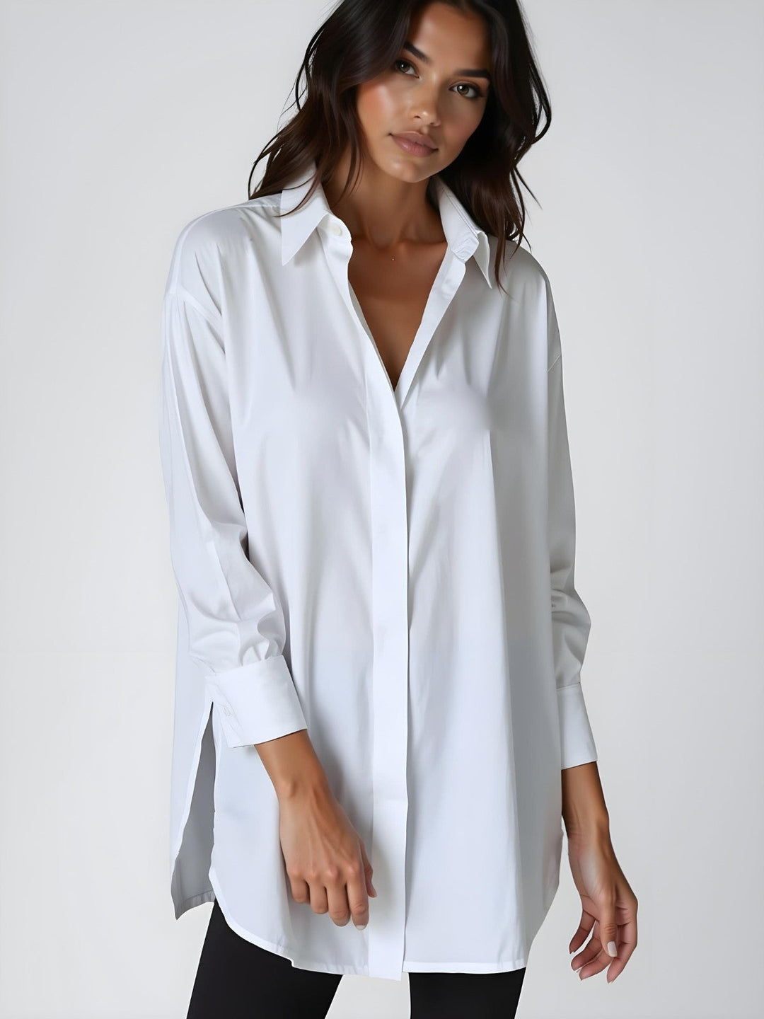 Oversize-Hemdkleid für Damen mit Reverskragen, Knopfleiste und seitlichem Schlitz. Elegant.