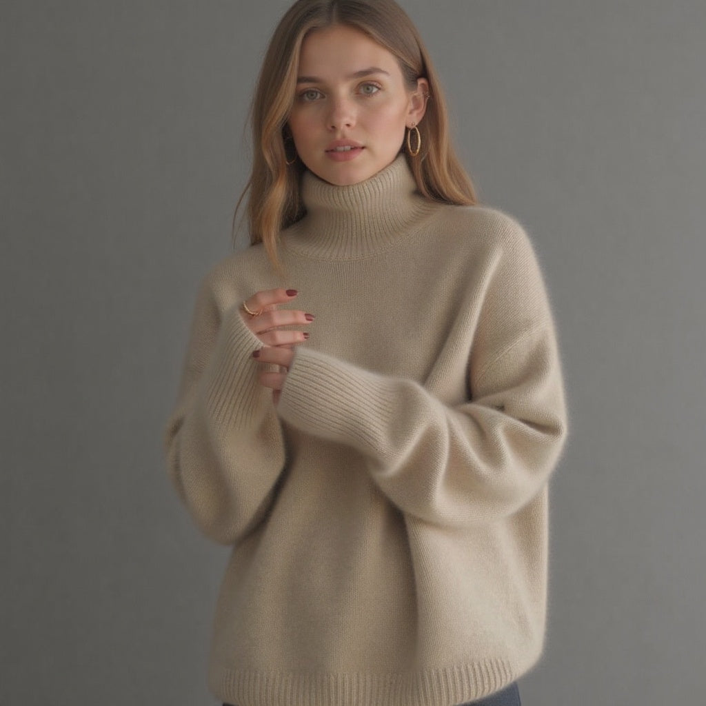 Damen Oversize-Pullover mit Rollkragen, ideal für gemütliche Wintertage. Warm, stilvoll und modern.