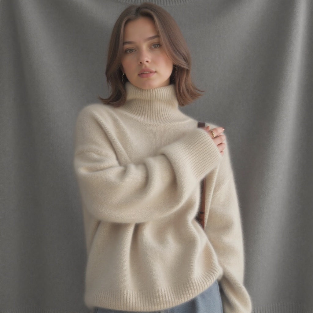 Komfortabler Damen Oversize-Pullover mit gemütlichem Rollkragen. Ideal für stilvolle Winteroutfits.