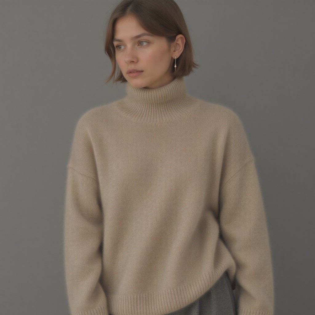 Eleganter Damen Oversize-Strickpullover mit hohem Rollkragen. Stilvolle Wintermode für den Alltag.