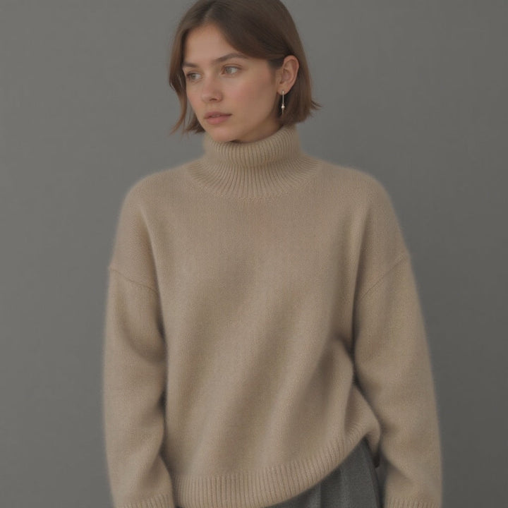 Eleganter Damen Oversize-Strickpullover mit hohem Rollkragen. Stilvolle Wintermode für den Alltag.