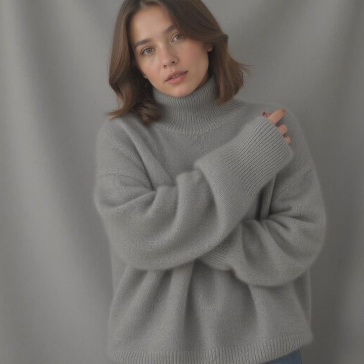 Modischer Damen Oversize-Pullover mit Rollkragen, elegant kombiniert. Perfekt für Wintermode.