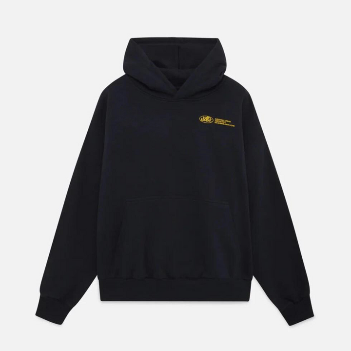Dunkelblauer Oversized Hoodie für Damen, weite Passform, bequeme Freizeitkleidung.
