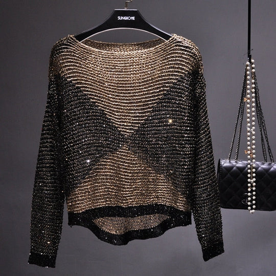 Damen Pailletten Langarm Top in elegantem Glanz, ideal für glamouröse Party Outfits und festliche Abendmode.