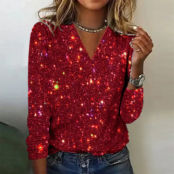 Glamouröser Damen Pailletten Pullover mit V-Ausschnitt, ein festliches Oberteil für besondere Anlässe.