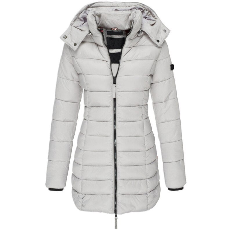 Damen Parka Mantel mit Kapuze. Eleganter, langer Damen Wintermantel, warm und stilvoll für die Wintermode.