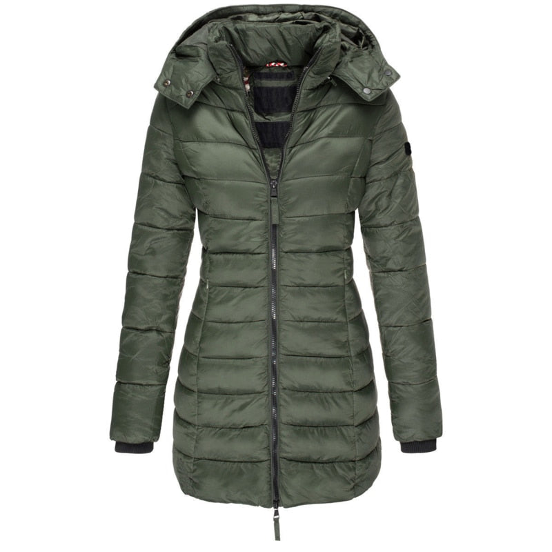 Damen Winterjacke im Parka-Stil. Langer, warmer Mantel mit Kapuze, ideal für Outdoor-Aktivitäten im Winter.