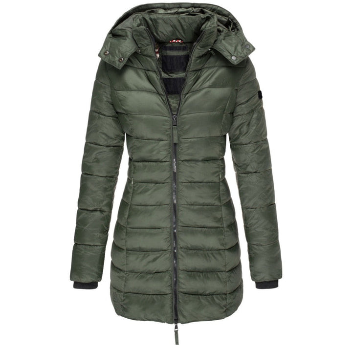 Damen Winterjacke im Parka-Stil. Langer, warmer Mantel mit Kapuze, ideal für Outdoor-Aktivitäten im Winter.
