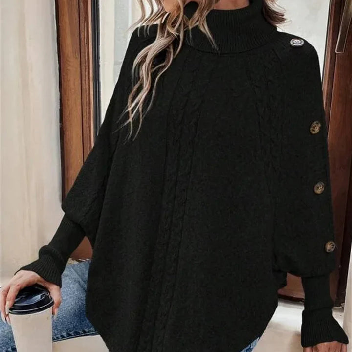 Damen Poncho Rollkragen Oversize mit elegantem Strukturdesign & Knopfdetails. Perfekt für die Winter- & Herbstmode.