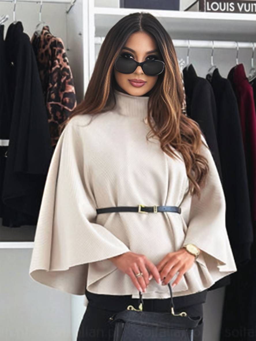 Chic Damen Ponchojacke mit Gürtel für figurbetonten Look & weiten Fledermausärmeln.