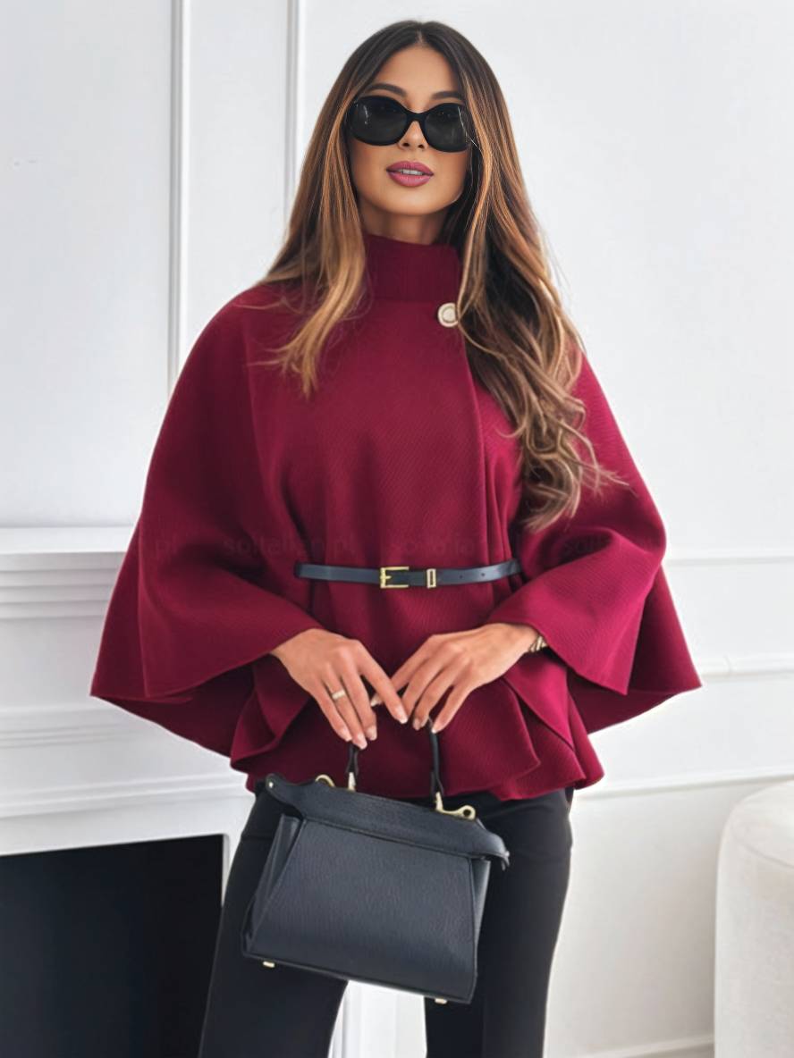 Elegante Damen Herbstjacke im Poncho-Stil mit modischem Gürtel und weiten Ärmeln.