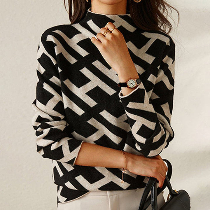 Damen Pullover in Schwarz mit geometrischem Muster, langärmlig, lässig und bequem für Herbst & Winter.