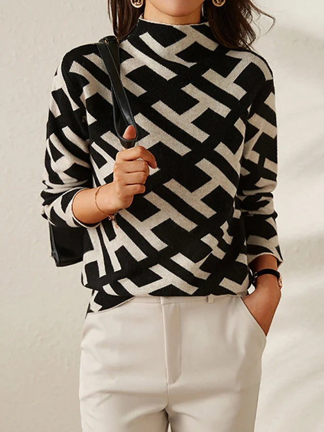 Bequemer Damen Langarm-Pullover, geometrisch gemustert in Schwarz, perfekt für lässige Herbst-Looks.