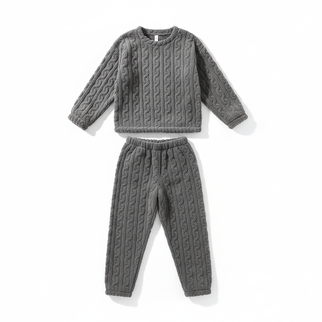Damen-Pyjama Zweiteiler Set aus flauschigem Strick mit elegantem Zopfmuster. Ideal als komfortable Homewear & Loungewear.