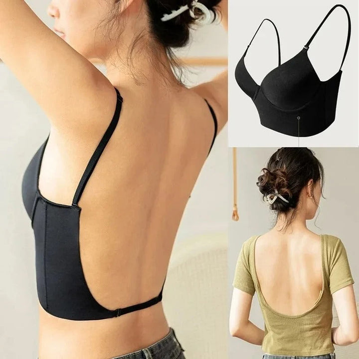 Damen rückenfreier Push-up-BH in Schwarz für unsichtbaren Halt und Komfort unter Abendmode.
