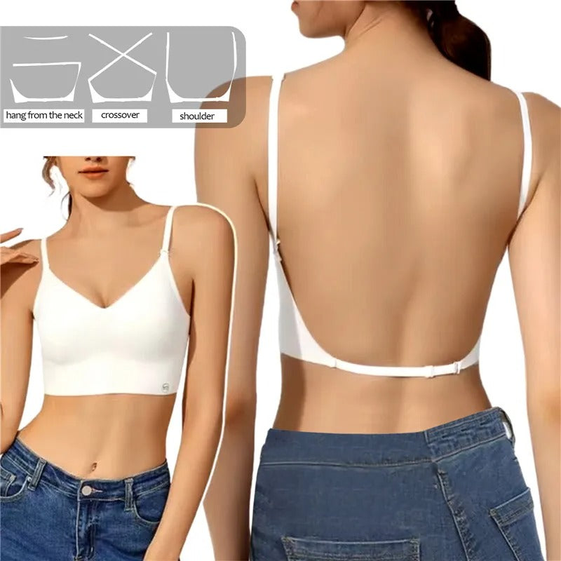 Komfortabler rückenfreier Damen BH in Weiß, ideal für unsichtbaren Halt und Push-up Effekt unter heller Kleidung.