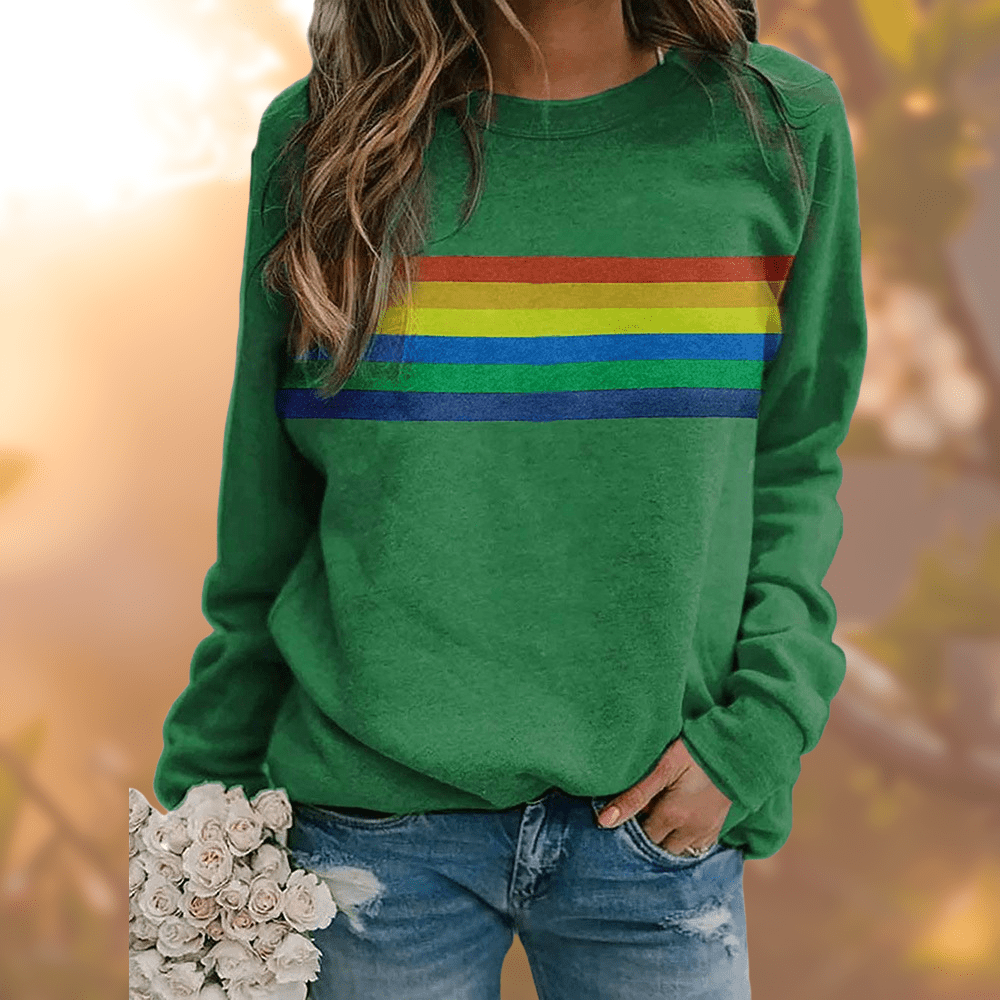 Bequemes Damen Sweatshirt mit lockerer Passform und bunten Regenbogenstreifen, ideal für Freizeit.