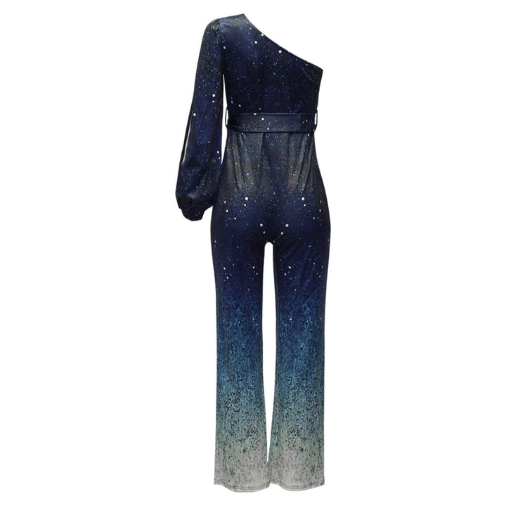 Schulterfreier Damen Disco Jumpsuit für Partys, glänzend und elegant, im stylischen Retro-Design für Glamour.