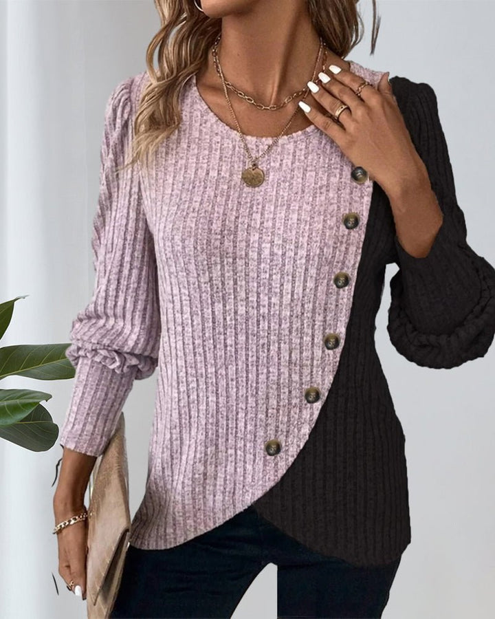 Stylisches Damen Langarm-Oberteil mit Rippenmuster und praktischer Knopfleiste.