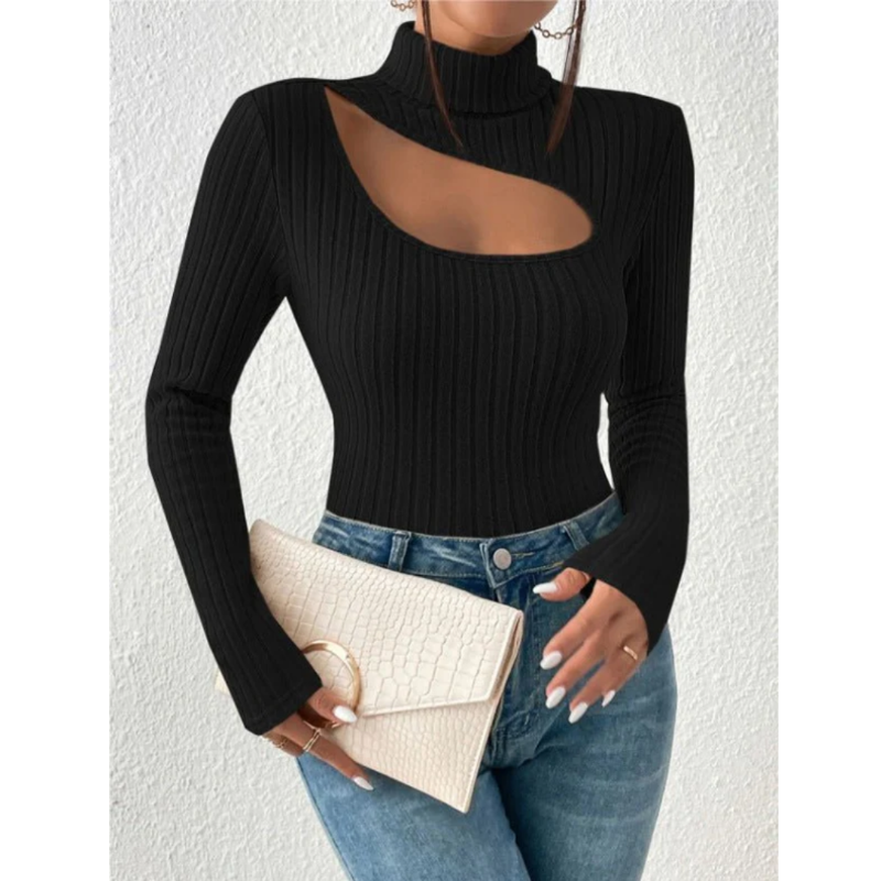 Damen Rippstrick Rollkragen Top mit eleganten Cut Outs. Modernes Langarm-Oberteil für Freizeit & Abendmode.