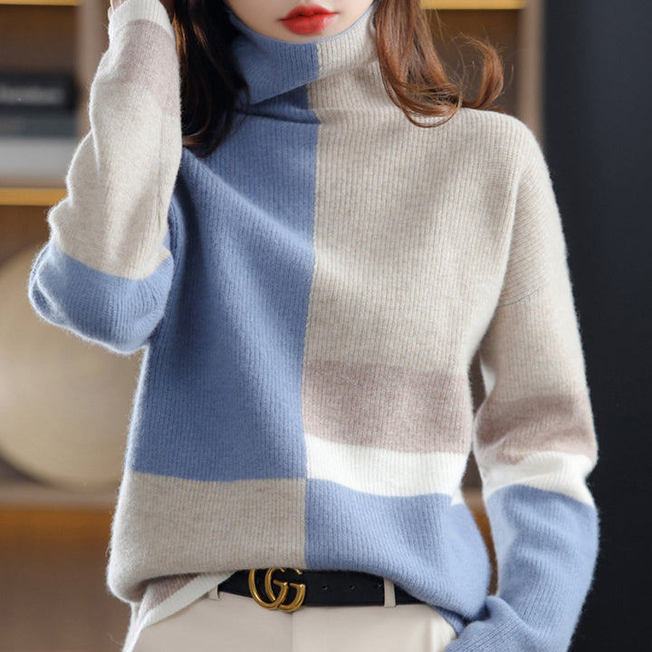 Damen Rollkragen Pullover mit modernem Blockmuster, ideal für Herbst & Wintermode.