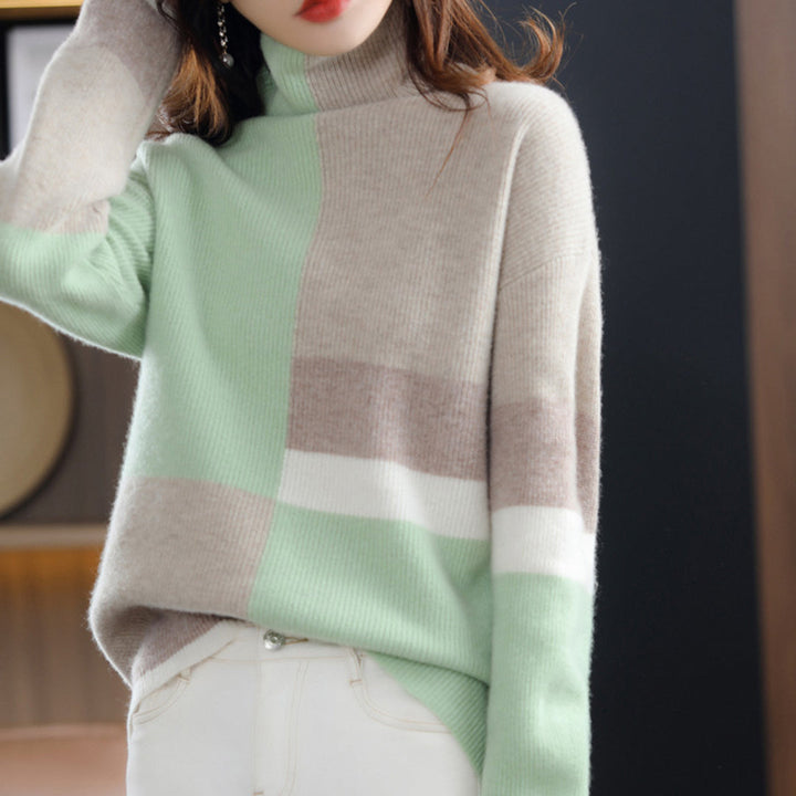 Bequemer Damen Rollkragen Pullover mit langem Arm & stylischem Blockmuster für elegante Freizeit.