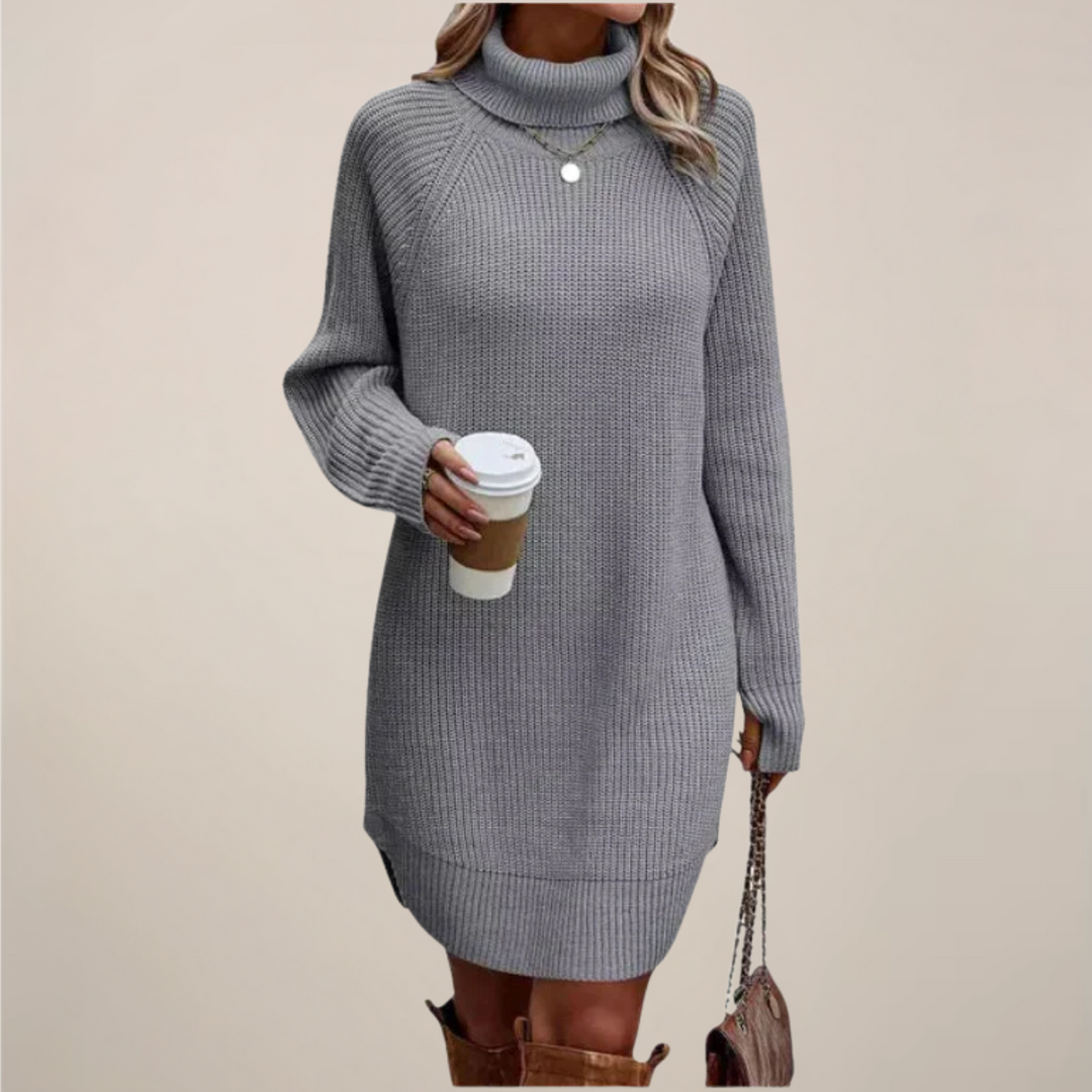 Damen Rollkragen-Pulloverkleid mit langen Ärmeln, bequem und elegant für die Wintermode.