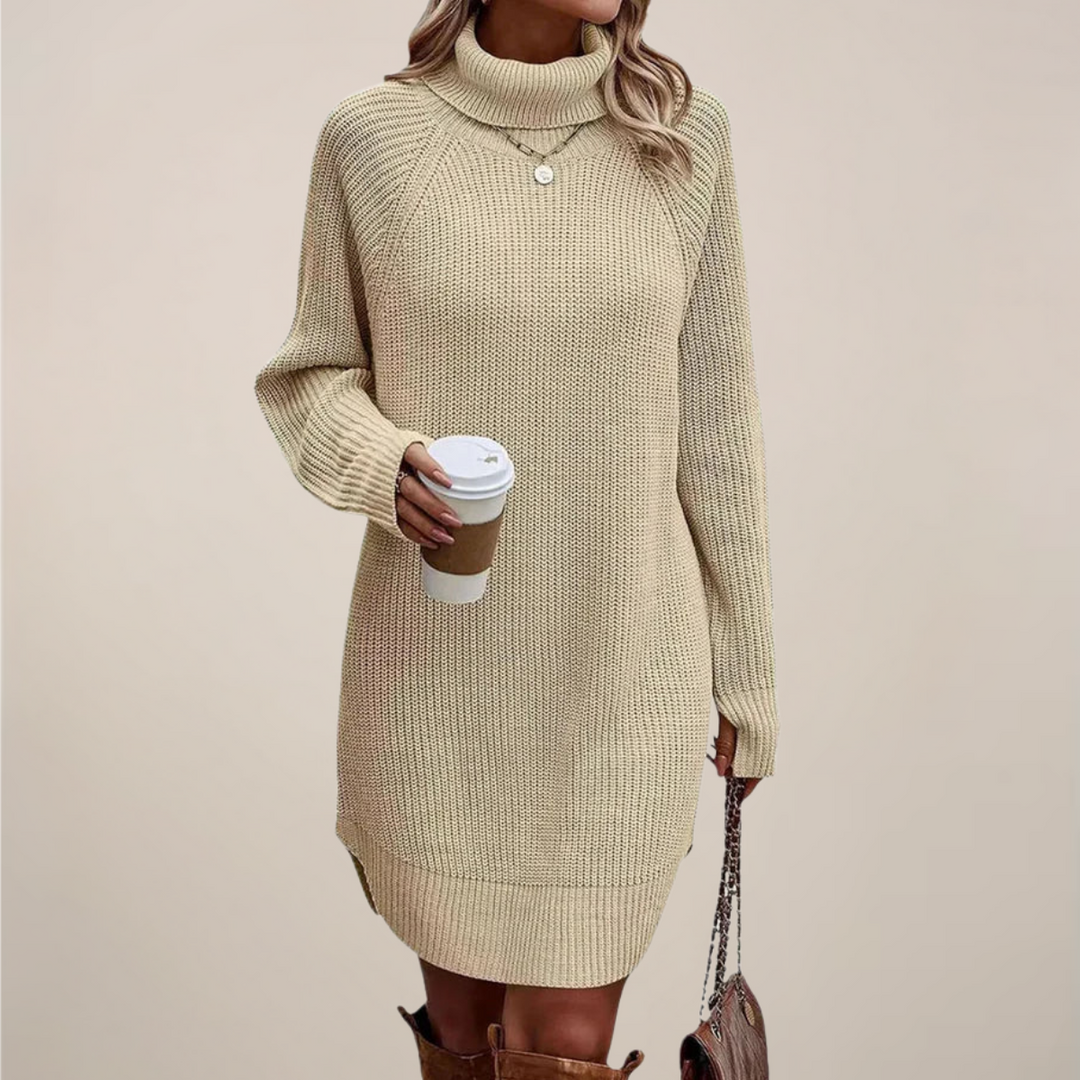 Weiches, warmes Damen Rollkragen-Pulloverkleid für kalte Tage. Perfekt als Langarmkleid für Komfort.