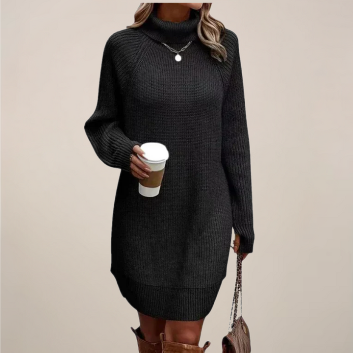 Elegantes Langarm-Pulloverkleid für Damen mit Rollkragen. Ideal als Freizeitkleid oder Casual-Outfit.