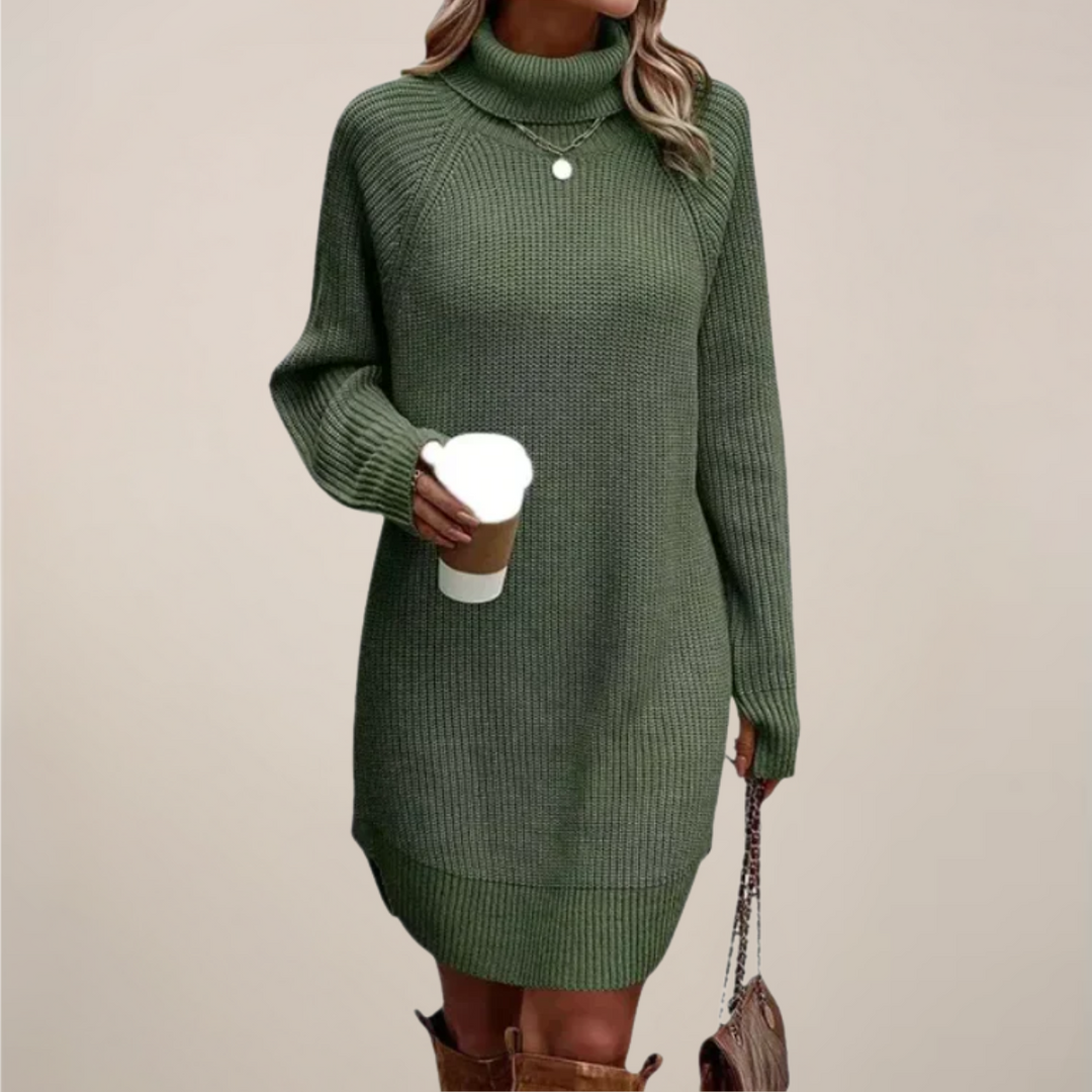 Komfortables Damen Pulloverkleid mit Rollkragen und langen Ärmeln. Warm und stilvoll für Herbst/Winter.