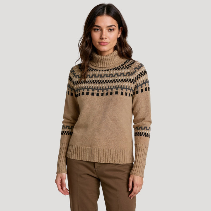 Damen Rollkragen-Strickpullover gemustert für Frühling. Eleganter Strickpullover für Damen.