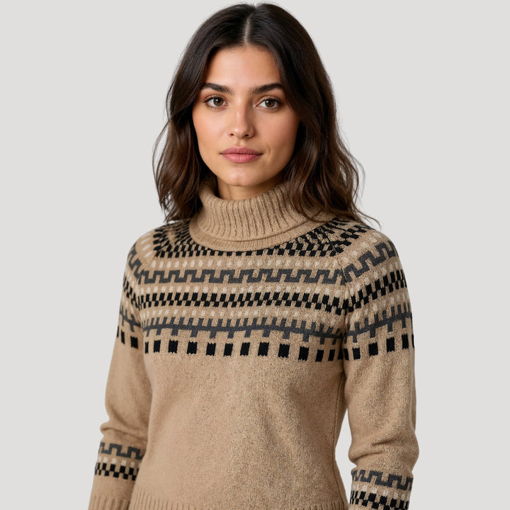 Komfortabler Damen Rollkragenpullover in Strick-Optik mit Frühlingsmuster. Ideal für Büro & Freizeit.