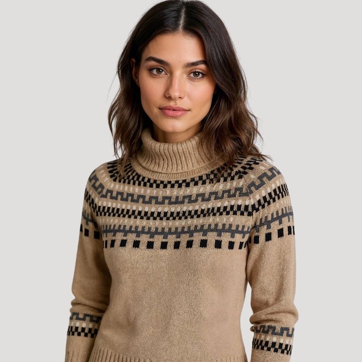 Eleganter Damen Strickpullover mit Rollkragen und frühlingshaftem Muster. Vielseitige Frühlingsmode.