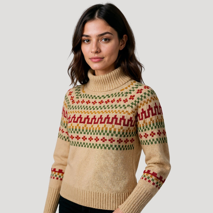 Modischer Damenpullover, gemusterter Strick mit Rollkragen. Perfekt als Casual Pullover für den Frühling.