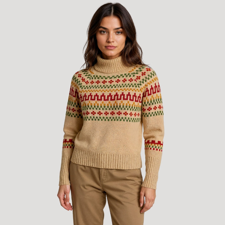 Damen Rollkragen-Strickpullover mit stilvollem Muster. Bequemer Damenstrick für Frühlings-Looks.