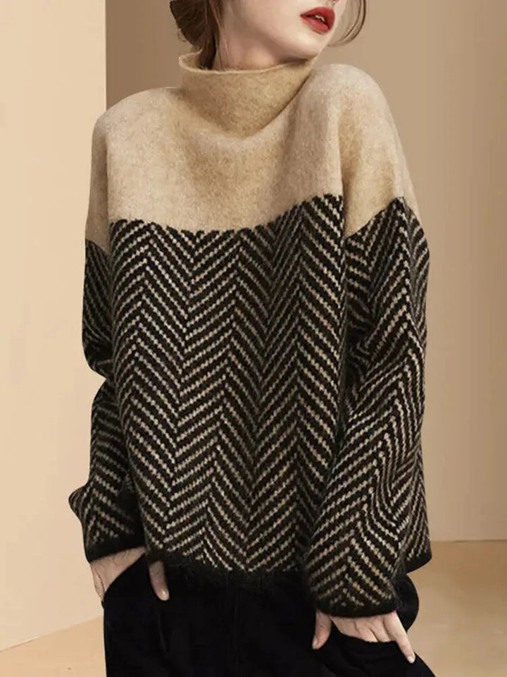 Moderner Damen-Winterpullover mit stilvollem Druckmotiv. Warmer, figurbetonter Langarm-Rollkragen für elegante Outfits.