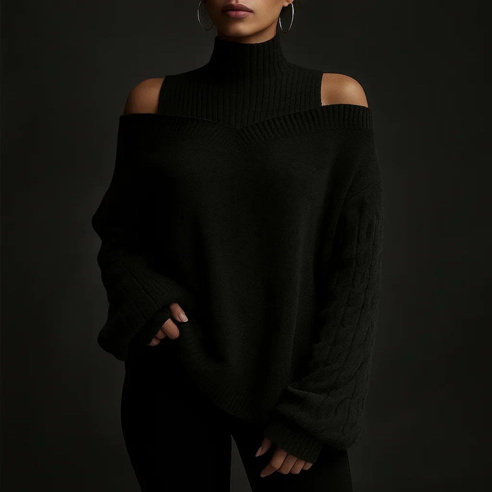 Eleganter Damen Rollkragenpullover mit Schulterfrei-Detail. Stylischer Strukturstrick für Wintermode.