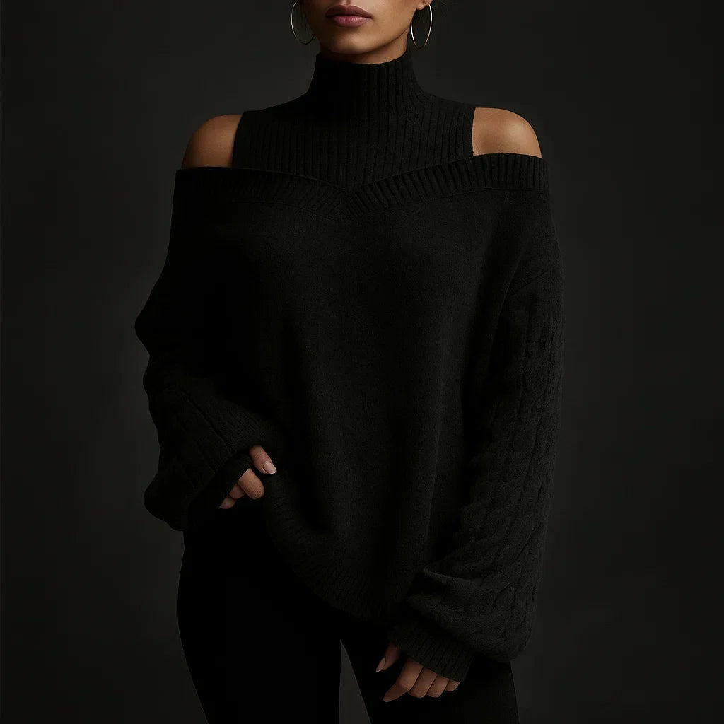 Eleganter Damen Rollkragenpullover mit Schulterfrei-Detail. Stylischer Strukturstrick für Wintermode.