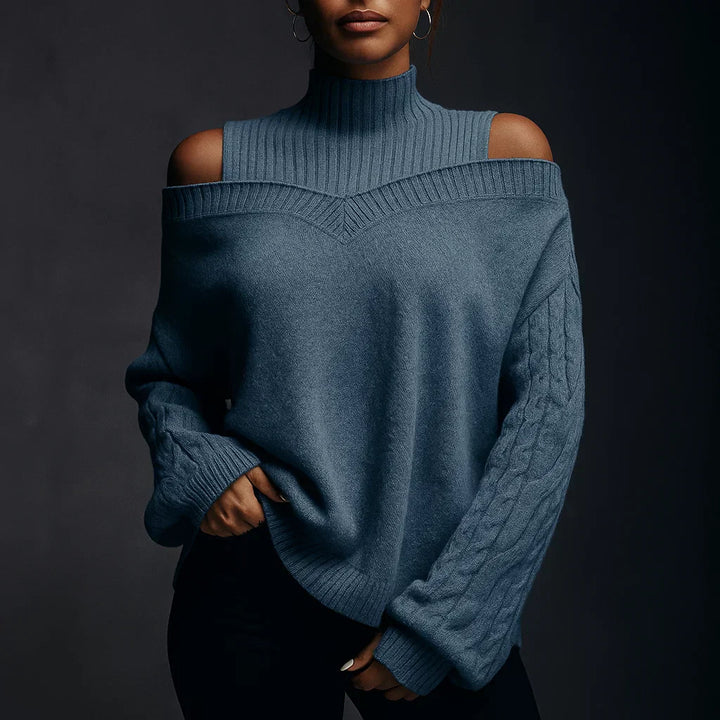 Moderner Damen Strukturstrick-Pullover, schulterfrei, mit Rollkragen. Ideal für stylische Winter-Looks.