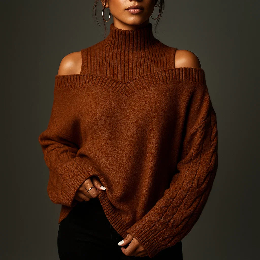Bequemer Damen Langarm-Pullover, schulterfrei, mit Rollkragen für Freizeit und elegante Wintermode.