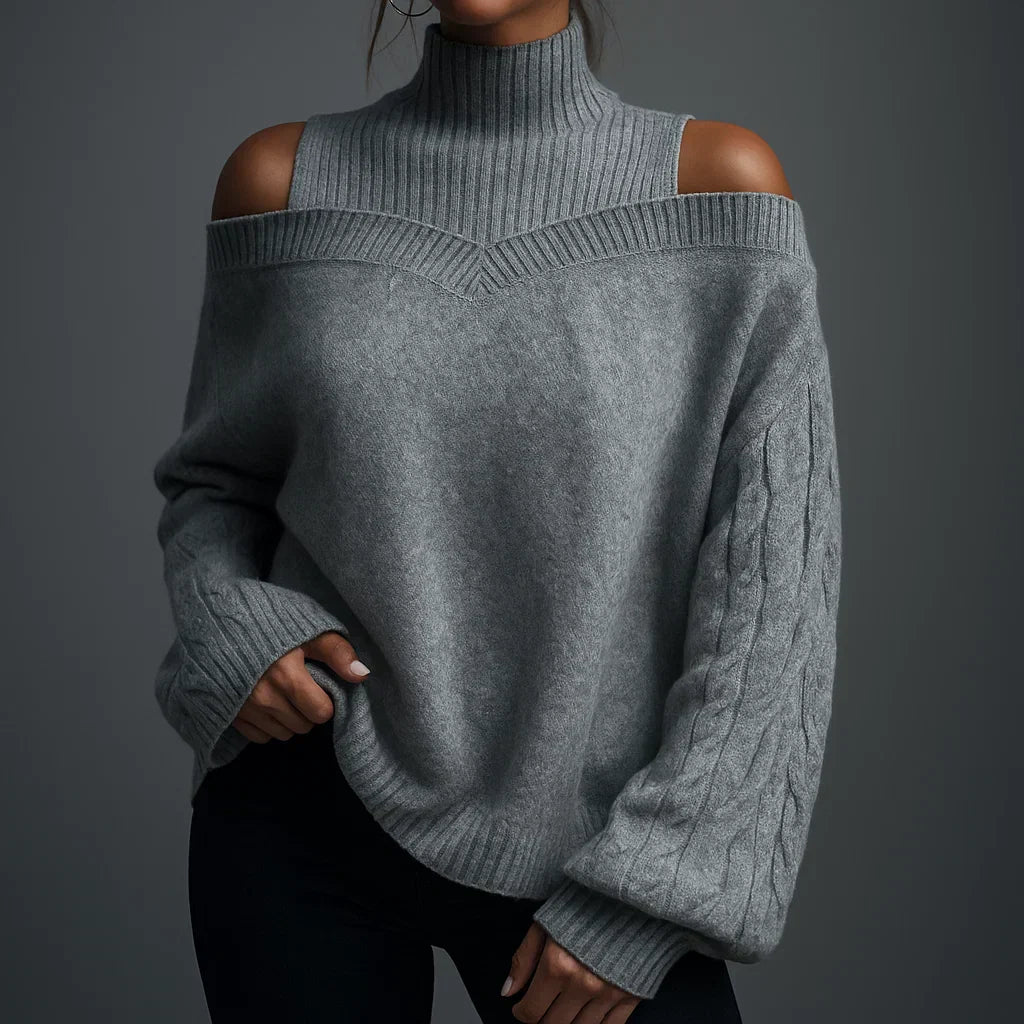Damen Pullover mit Schulterfrei-Detail & Rollkragen. Warmer Strukturstrick für modische Wintertage.
