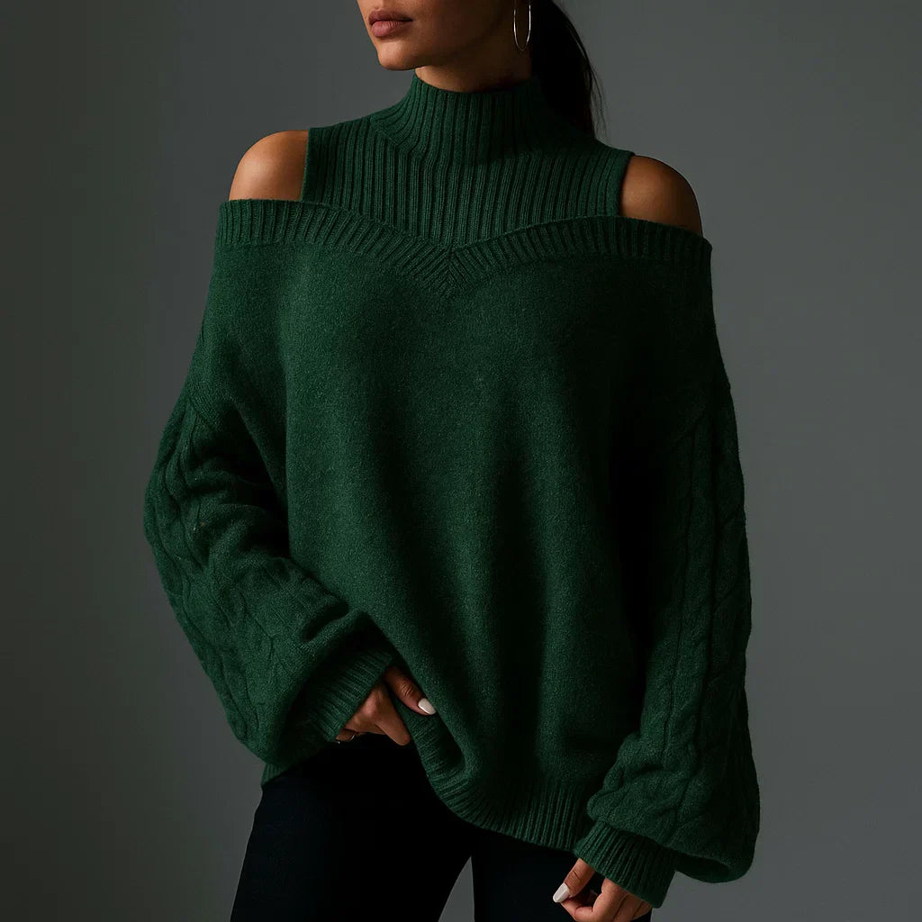 Hochwertiger Damen Rollkragenpullover, schulterfrei, mit feinem Strukturstrick. Perfekt für kalte Tage.
