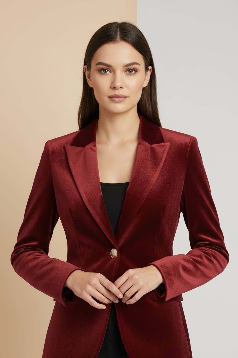 Luxuriöser taillierter Samtblazer für Damen, stilvoll mit goldenen Knöpfen, Vintage Look.