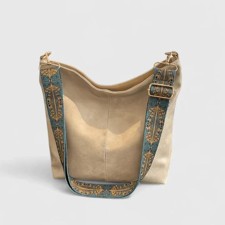 Damen Schultertasche in Beige mit einzigartigem Sommer-Design; stilvolle Handtasche als vielseitiges Accessoire.