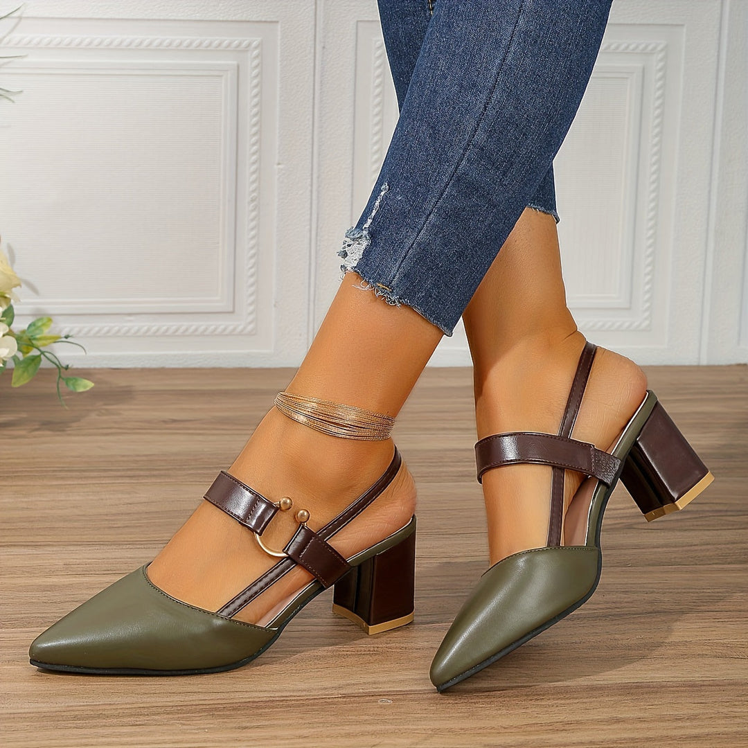 Elegante Damen Slingback Pumps mit Spitzzehen, Blockabsatz & filigraner Schnalle, ideal für Business & Feier.