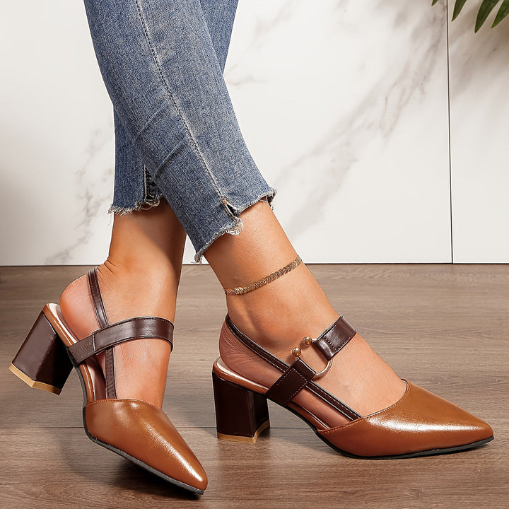 Stilvolle Damen Slingback Heels mit Spitzzehen, Blockabsatz und eleganter Silhouette, vielseitig kombinierbar.