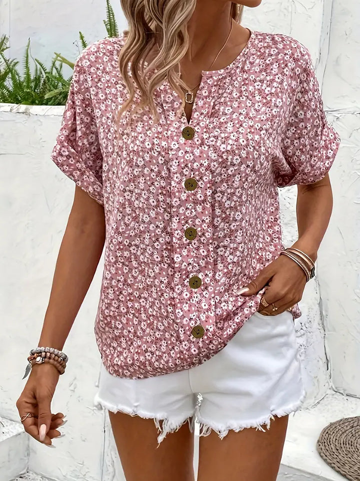 Luftiges Damen Sommer Kurzarm Top, perfekt für Urlaub & Alltag. Lässige Bluse mit Knöpfen für warme Tage.